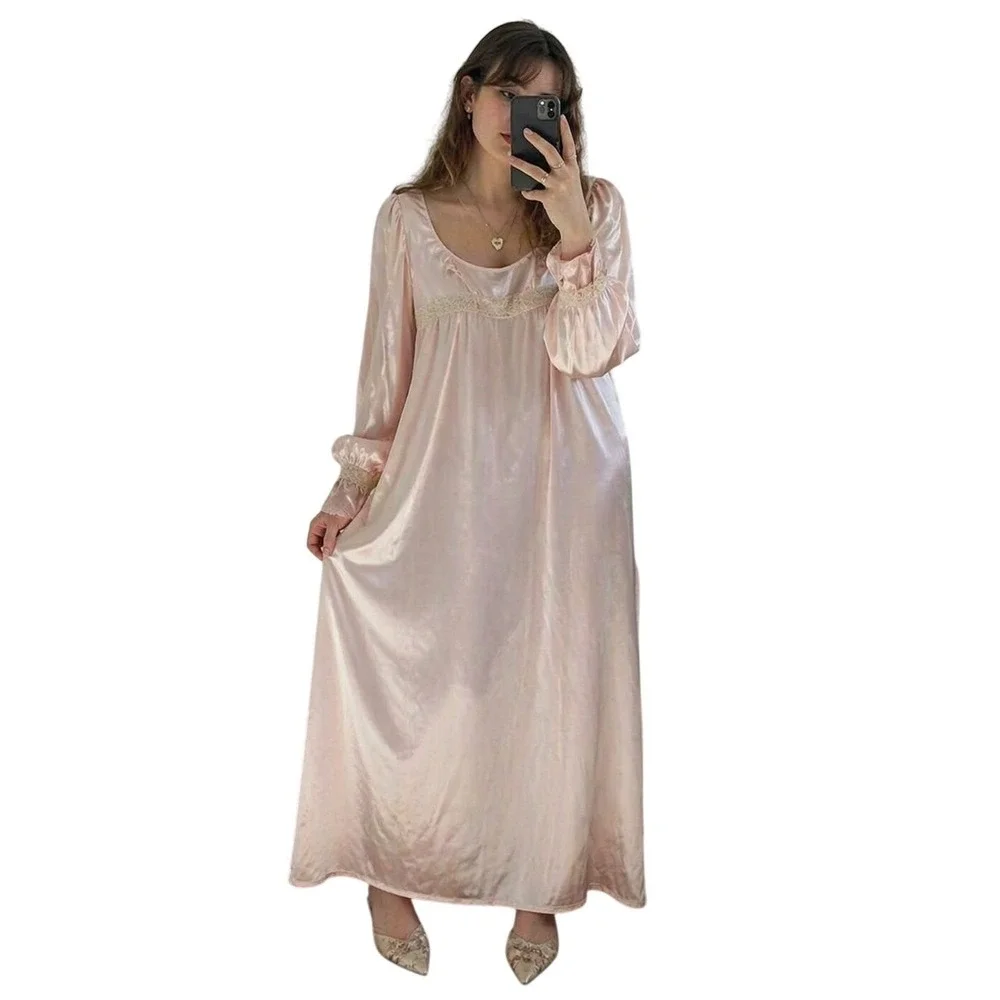 VINTAGE 70s Handmade Satin Babydoll Maxi Dress‎ Cottagecore Pink
